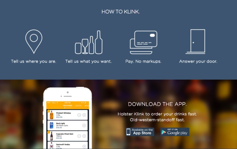 Whether you want $6.00 bottles of Andre or a $180 bottle of Dom Perignon, Klink will deliver it to you in under an hour for the product price plus $3.87 and taxes.Â 