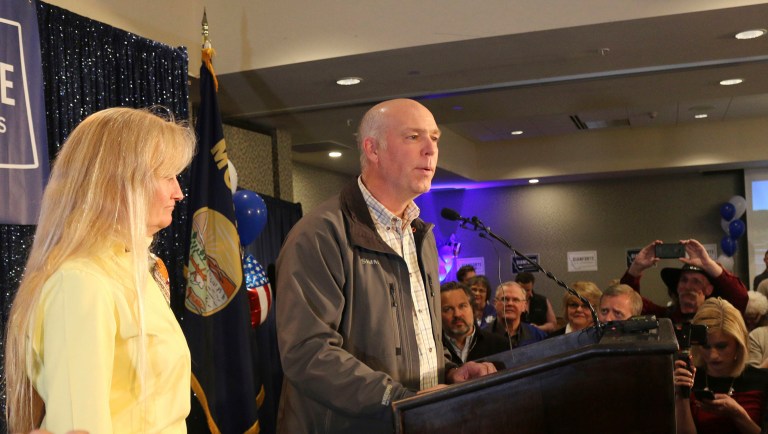 Republican Greg Gianforte, in his victory speech, apologized for an altercation at his campaign headquarters with a reporter on the eve of the special election. (AP Photo/Bobby Caina Calvan)