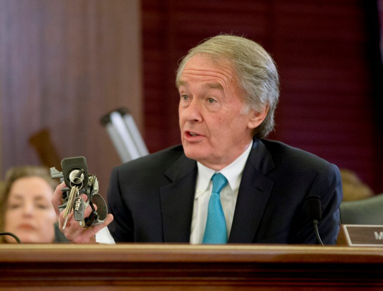 Sen. Edward Markey, D-Mass. holds up a GM ignition switch while questioning General Motors CEO Mary Barra on Capitol Hill in Washington, Wednesday, April 2, 2014, during a Senate Commerce, Science and Transportation subcommittee hearing. Barra was back before Congress, where members of a Senate subcommittee are expressing doubts that the culture at the nation's No. 1 automaker has really changed.  (AP Photo/Pablo Martinez Monsivais)