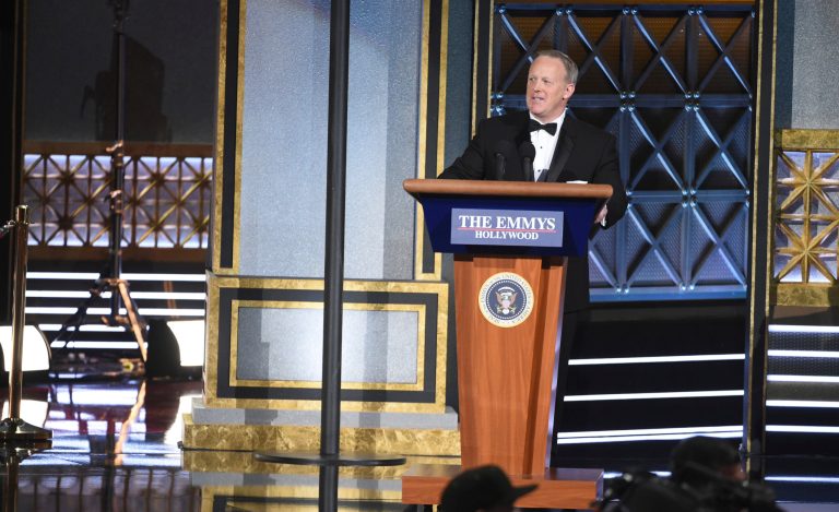 Sean Spicer appears at the 69th Primetime Emmy Awards on Sunday, Sept. 17, 2017 in Los Angeles. (Photo by Phil McCarten/Invision for the Television Academy/AP Images)