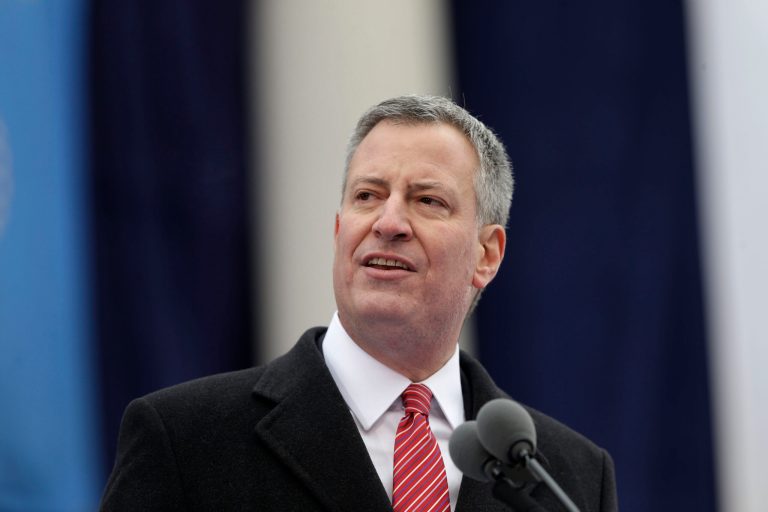 New York City Mayor Bill de Blasio speaks after being sworn in during the public inauguration ceremony at City Hall in New York on Wednesday. (AP/Seth Wenig)