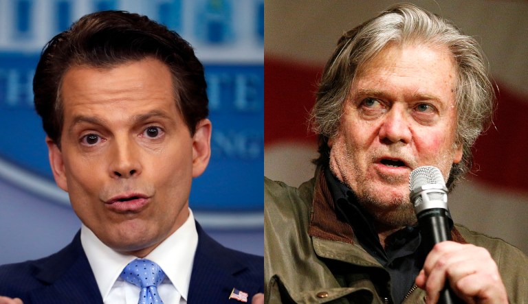 Former White House communications director Anthony Scaramucci was invited to speak about his recent trip to Israel, and ended up speaking about former White House strategist Steve Bannon. (AP images)
