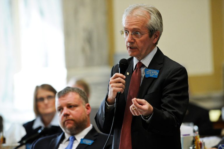 House Minority Leader Chuck Hunter, D-Helena, objects to during the House Floor session Tuesday April 7, 2015, at the state Capitol in Helena, Mont. A House committee tried to kill the last-standing Medicaid expansion bill Tuesday by heavily amending it and giving it an unfavorable report. (AP Photo/The Independent Record, Thom Bridge)