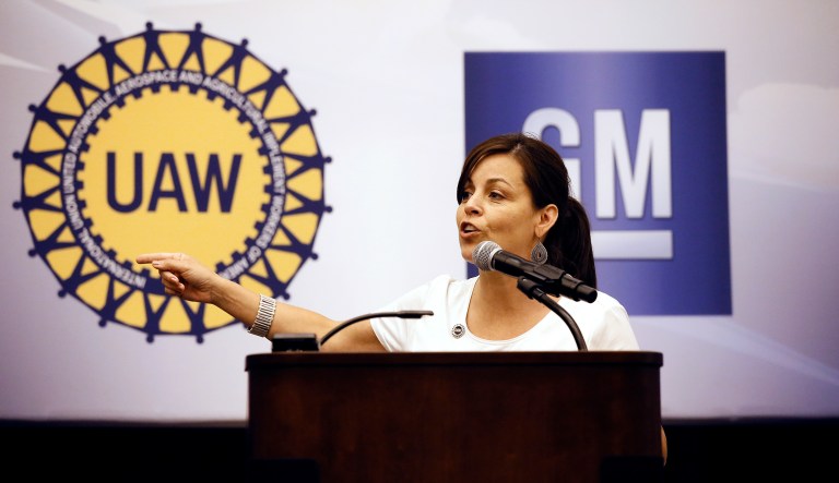 Cindy Estrada, vice president of United Auto Workers, was renominated to the post Thursday, virtually ensuring she'll remain in the position near the top of the group embroiled in an ongoing corruption scandal. (AP Photo/Tony Gutierrez)