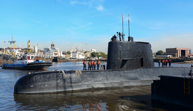 This 2014 photo provided by the Argentina Navy shows the ARA San Juan, a German-built diesel-electric vessel, docked in Buenos Aires, Argentina. (Argentina Navy via AP )