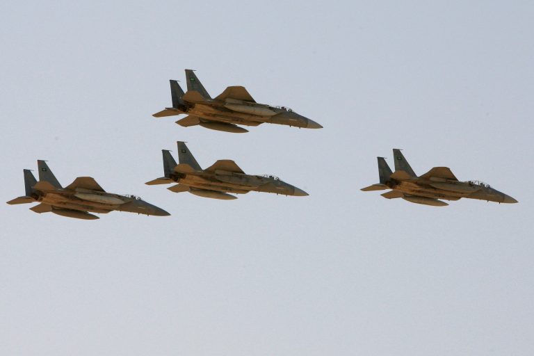 In this Sunday, Jan. 25, 2009 file photo, F-15 warplanes of the Saudi Air Force fly over the Saudi Arabian capital Riyadh during a graduation ceremony at King Faisal Air Force University. (AP Photo/Hassan Ammar, File)