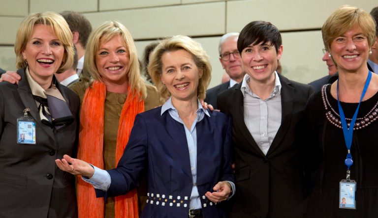 From left, defense ministers, Albania's Mimi Kodheli, Netherland's Jeanine Hennis-Plasschaert, Germany's Ursula von der Leyen, Norway's Ine Marie Eriksen Soreide and Italy's Roberta Pinotti pose for photographers prior to the start of a meeting of defense ministers of the North Atlantic Council at NATO headquarters in Brussels on Wednesday, Feb. 26, 2014. Frustrated with his Afghan counterpart, U.S. President Barack Obama is ordering the Pentagon to accelerate planning for a full U.S. troop withdrawal from Afghanistan by the end of this year. But Obama is also holding out hope that Afghanistan's next president may eventually sign a stalled security agreement that could prevent the U.S. from having to take that step. (AP Photo/Virginia Mayo)