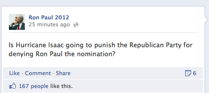 ‘Is Hurricane Isaac going to punish the Republican Party for denying Ron Paul the nomination?’