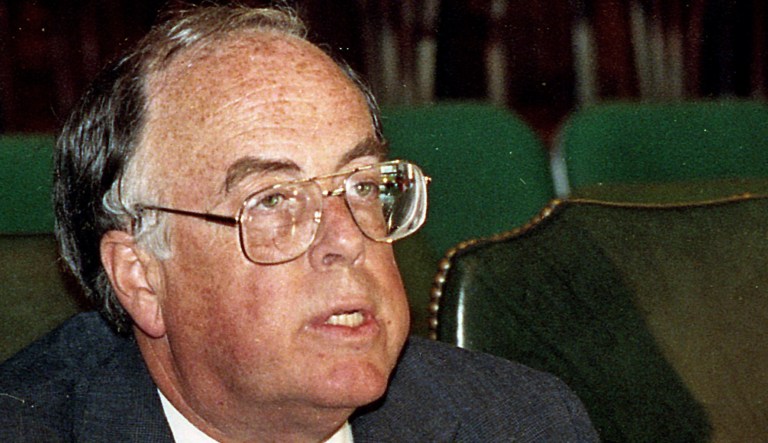 FILE - In this May 21, 1992, file photo, Adam Clymer announces the settlement of a suit in the drunken driving death of his daughter Jane, a student at the University of Vermont. Political reporter, editor and pollster Adam Clymer, who has worked for The New York Times and other papers, died early Monday, Sept. 10, 2018, at age 81.