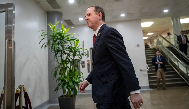 Rep. Adam Schiff, D-Calif., ranking member of the House Intelligence Committee, arrives as House and Senate lawmakers from both parties gather for a classified briefing in a secure room about the federal investigation into President Donald Trump's 2016 campaign, on Capitol Hill in Washington, Thursday, May 24, 2018. 