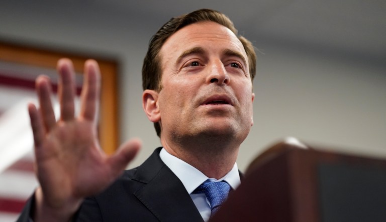 FILE - Republican Nevada Senate candidate Adam Laxalt speaks at a news conference Thursday, Aug. 4, 2022, in Las Vegas. A political action committee that supports Democratic candidates filed a complaint against Laxalt for allegedly violating campaign finance law. 