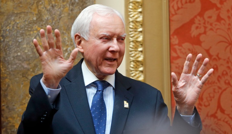 Sen. Orrin Hatch, R-Utah, while speaking at the American Enterprise Institute on Thursday, said, "[We] finally did away with the individual mandate tax that was established under that wonderful bill called Obamacare." He added, "Now, if you didn't catch on, I was being very sarcastic. That was the stupidest, dumbass bill that I've ever seen." (AP Photo/Rick Bowmer)