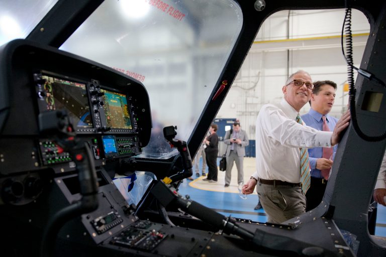 Fred P. Hochberg, second right, chairman and president of the Export-Import Bank of the United States, tours the AgustaWestland's aircraft manufacturing facility Monday, June 22, 2015, in Philadelphia. (AP Photo)Â 