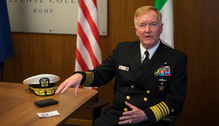 NATO Commander for Southern Europe, Mediterranean and Africa, Admiral James Foggo, answers questions during an interview with The Associated Press, in Rome, Monday, May 7, 2018.