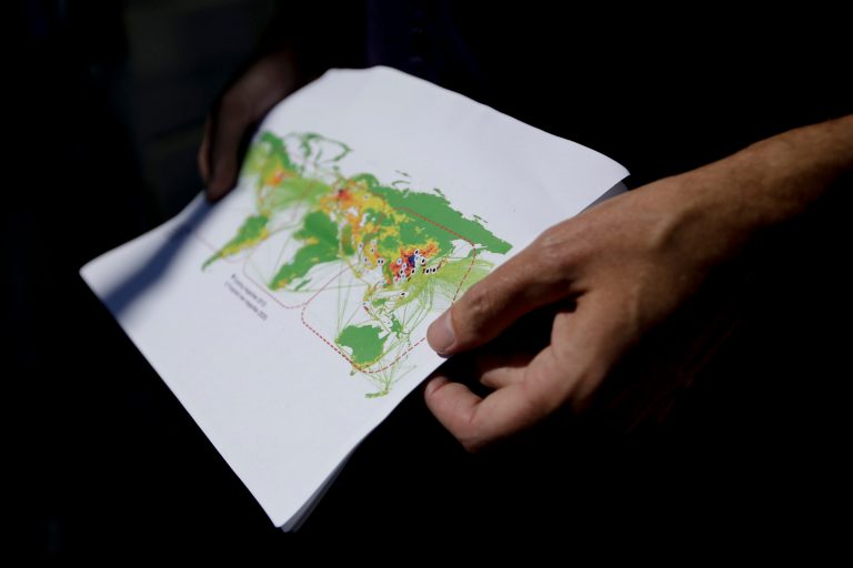 Riley Duren, the chief systems engineer for the Earth Science and Technology Directorate at NASA's Jet Propulsion Laboratory(JPL), shows the global map of carbon dioxide at Mount Wilson, Calif., Friday, April 12, 2013. A mile above this city, sensors gaze down on the basin from atop Mount Wilson the way a satellite fixates on Earth, collecting pieces of information about Los Angeles' carbon footprint. (AP Photo/Jae C. Hong)