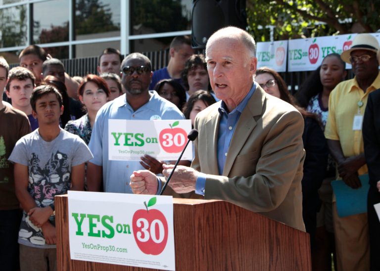 Gov. Jerry Brown kicked off his campaign for a November ballot initiative that would temporarily increase sales and income taxes to stave off state budget cuts that could include three fewer weeks of school, during a visit to New Technology High School in Sacramento, Calif., Wednesday, Aug. 15, 2012. If approved by voters, Prop. 30 would raise the state sales tax by a quarter cent for four years and raise taxes on incomes over $250,.000 for seven years. (AP Photo/Rich Pedroncelli)