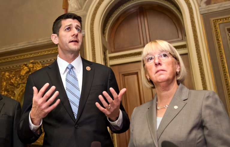 FILE - This Oct. 17, 2013 file photo shows House Budget Committee Chairman Rep. Paul Ryan, R-Wis., left, and Senate Budget Committee Chair Patty Murray, D-Wash., on Capitol Hill in Washington. Bipartisan budget negotiators are working toward a modest budget agreement to replace tens of billions of dollars in spending cuts this year and next with longer-term savings and revenue from increased fees. Ryan and Murray are hopeful of striking an agreement as early as Tuesday afternoon. (AP Photo/ Scott Applewhite, File)