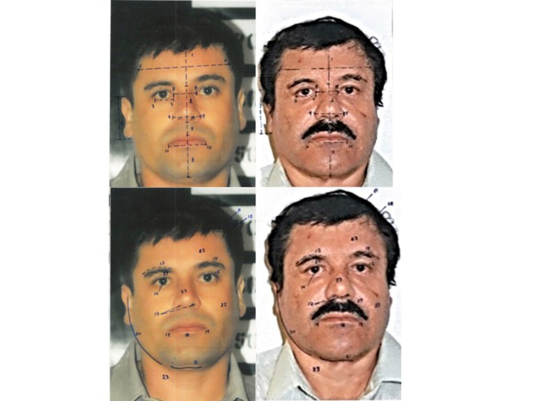 This combo of photographs released by Mexico's Attorney General Office (PGR) with identification mapping marks made by the source to point out similarities in face measurements, shows Joaquin 