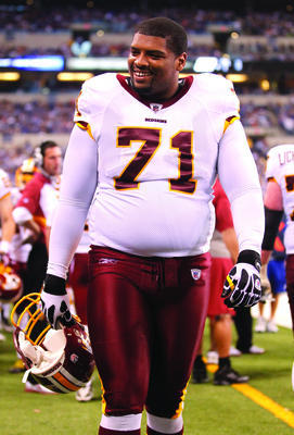 Washington Redskins offensive tackle Trent Williams (71) during the second quarter of an NFL preseason football game against the Indianapolis Colts in Indianapolis, Friday, Aug. 19, 2011. (AP Photo/Michael Conroy)