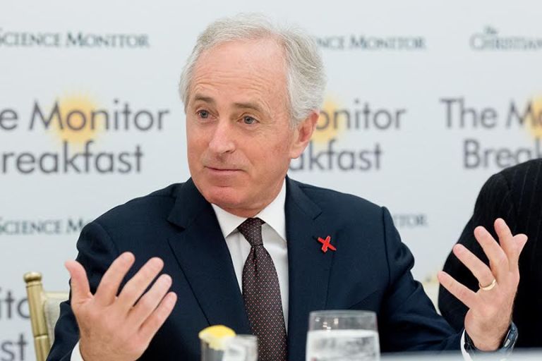 Sen. Bob Corker, R-Tenn., at a media breakfast Wednesday. Michael Bonfigli/Christian Science Monitor