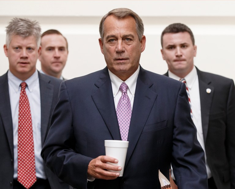 House Speaker John Boehner of Ohio walks to a Republican strategy session on Capitol Hill in Washington, Friday, Oct. 4, 2013. Boehner is struggling between Democrats that control the Senate and GOP conservatives in his caucus who insist any funding legislation must also kill or delay the nation's new health care law. Added pressure came from President Barack Obama who pointedly blamed Boehner on Thursday for keeping federal agencies closed. (AP Photo/J. Scott Applewhite)