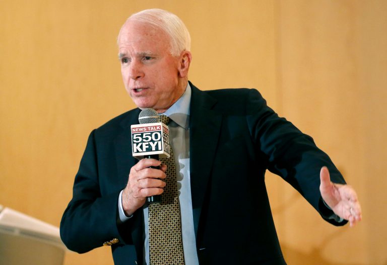 Sen. John McCain speaks during a forum with veterans on Friday, May 9, 2014, in Phoenix. McCain was discussing lapses in care at the Phoenix Veterans Affairs hospital that prompted a national review of operations around the country. (AP Photo/Matt York)