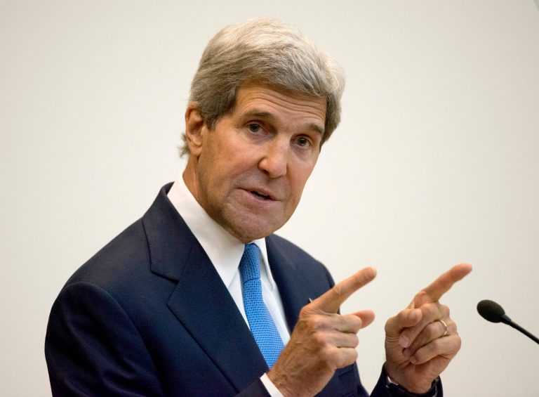 Secretary of State John Kerry gives the keynote address at the 2014 World Food Prize Laureate Announcement Ceremony, Wednesday, June 18, 2014, at the State Department in Washington. A crop scientist credited with developing hundreds of varieties of disease-resistant wheat adaptable to many climates and difficult growing conditions was named Wednesday as the 2014 recipient of the World Food Prize. (AP Photo/Molly Riley)