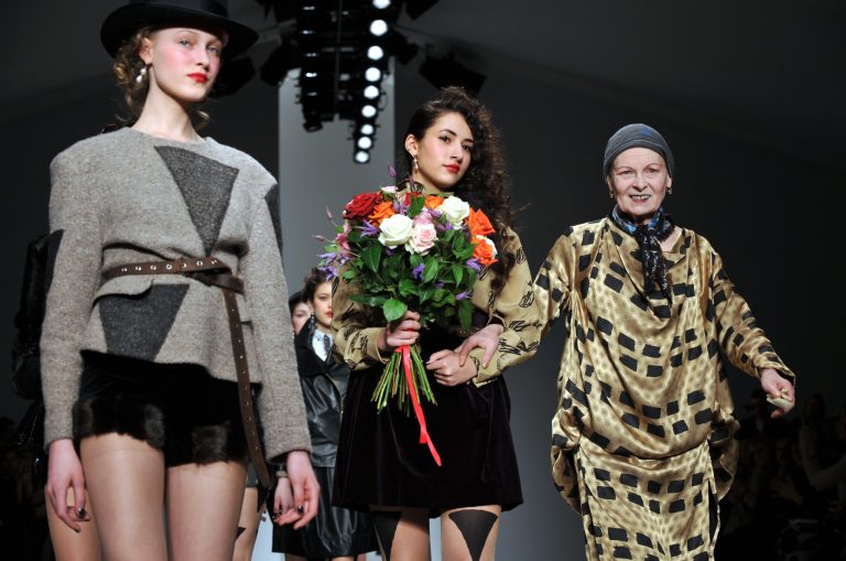 Dame Vivienne Westwood, right,  at the Vivienne Westwood presentation during London Fashion Week Autumn/ Winter 2014 on Sunday, Feb. 16, 2014 at Somerset House in London. (Photo by Richard Chambury/Invision/AP Images)