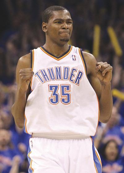 OKLAHOMA CITY, OK-MAY 15: Forward Kevin Durant#35 of the Oklahoma City Thunder reacts against the Memphis Grizzlies in Game Seven of the Western Conference Semifinals in the 2011 NBA Playoffs on May 15, 2011 at Oklahoma City Arena in Oklahoma City, Oklahoma. NOTE TO USER: User expressly acknowledges and agrees that, by downloading and or using this photograph, User is consenting to the terms and conditions of the Getty Images License Agreement.(Photo by Ronald Martinez/Getty Images)