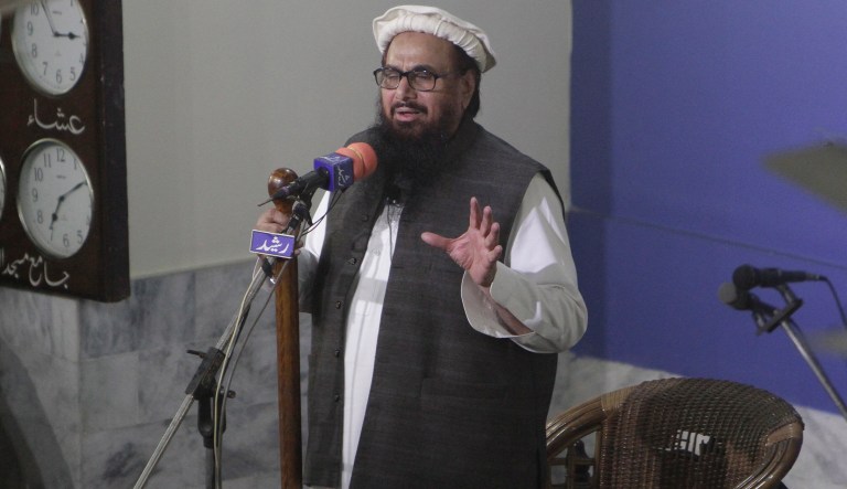 Hafiz Saeed, head of the Pakistani religious party, Jamaat-ud-Dawa, gives Friday sermon at a mosque in Lahore, Pakistan, Friday, Nov. 24, 2017. (AP Photo/K.M. Chaudary)