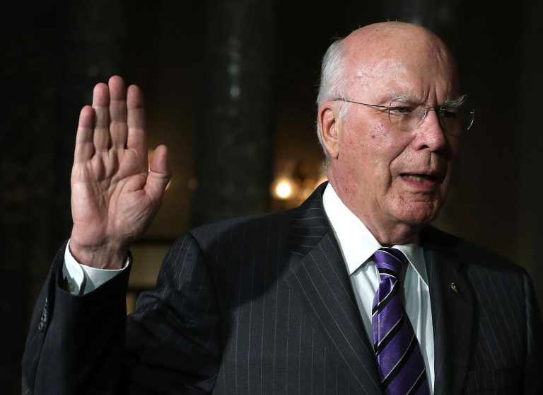 FILE -- WASHINGTON, DC - Sen. Patrick Leahy (D-VT) is sworn in as President pro tempore of the U.S. Senate, by Vice President Joseph Biden during a reenactment ceremony in the Old Senate Chamber, on December 18, 2012 in Washington, DC. (Photo by Mark Wilson/Getty Images)