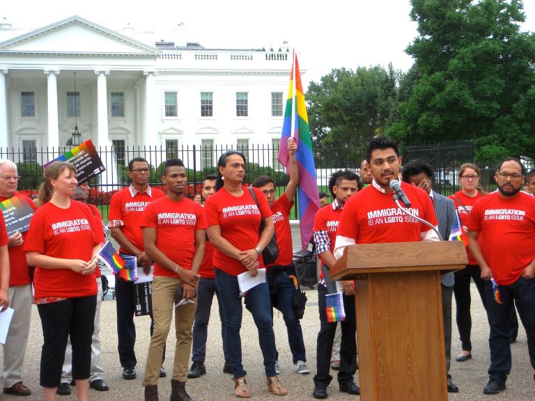 GetEQUAL's Luis Aguilera Garcia, at a press conference outside the Whtie House, demands an immediate end to illegal immigrant deportation.