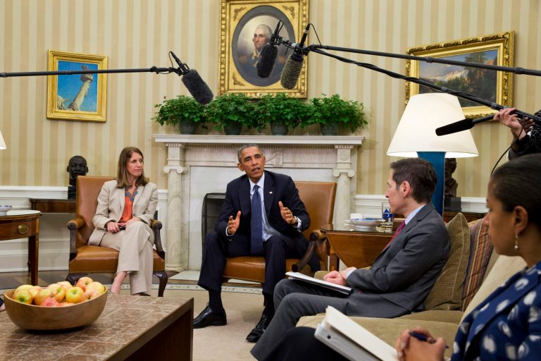 President Barack Obama speaks to the media while meeting with members of his team coordinating the government's Ebola response, in the Oval Office of the White House Thursday, Oct. 16, 2014, in Washington. From left are Sylvia Burwell, Secretary of Health and Human Services, Obama, National Security Adviser Susan Rice and Dr. Thomas Frieden, Director of the Centers for Disease Control and Prevention. (AP Photo/Jacquelyn Martin)