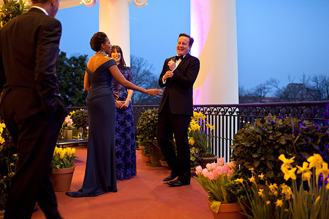 President and Mrs. Obama visit with Prime Minister David Cameron of the United Kingdom and his wife, Samantha Cameron, during a state dinner reception on the Truman Balcony of the White House in March. Official White House photo by Pete Souza.