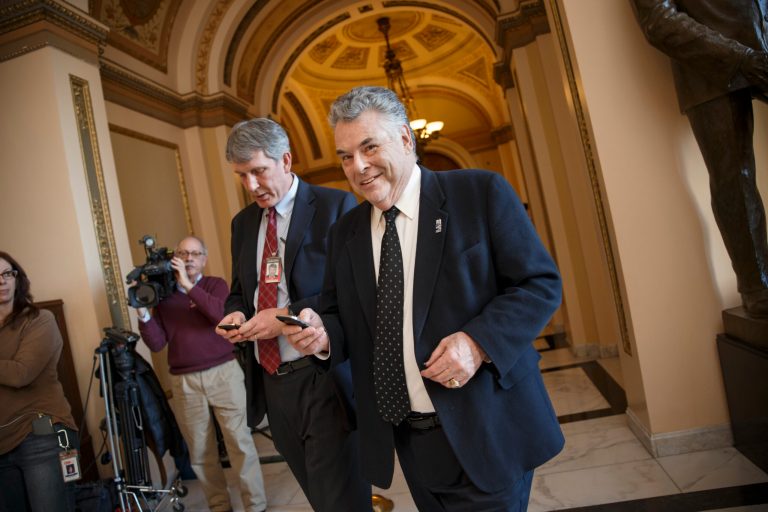 Rep. Peter King, R-N.Y., smiles on Capitol Hill in Washington, Friday, Feb. 27, 2015, as the House holds a procedural votes on a spending bill for the Homeland Security Department. (AP Photo/J. Scott Applewhite)