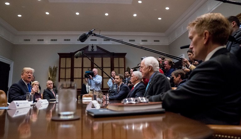 From left, President Donald Trump, accompanied by Secretary of Homeland Security Kirstjen Nielsen, Sen. Thom Tillis, R-N.C., Sen. Tom Cotton, R-Ark., Vice President Mike Pence, Senate Majority Whip Sen. John Cornyn, R-Texas., and Sen. James Lankford, R-Okla., speaks during a meeting on immigration in the Roosevelt Room at the White House, Thursday, Jan. 4, 2018, in Washington. (AP Photo/Andrew Harnik)