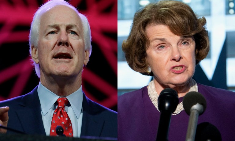 Senate Majority Whip John Cornyn, R-Texas, and Sen. Dianne Feinstein, D-Calif., are seeking a legislative middle ground between Cornyn's bill, which would impose a three-day delay for those on the list, and Feinstein's bill, which would ban people on the terror watch list from buying guns. (AP Photos)