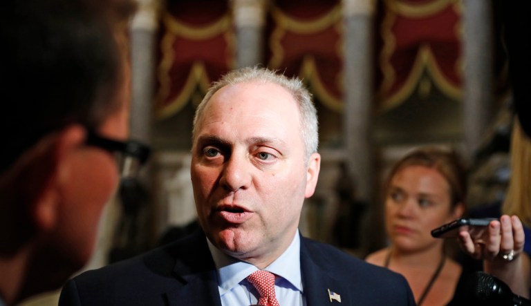 Scalise jokingly asked other lawmakers in the meeting whether the Senate passed its healthcare bill yet. (AP Photo/Alex Brandon)