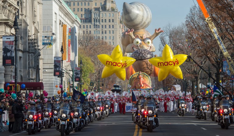 In this 2015 picture, members of the New York City Police Department lead the kickoff of the Macy's Thanksgiving Day Parade in New York. This year, NYPD is reassuring parade-goers that there are no credible threats against the event. (AP Photo/Bryan R. Smith)