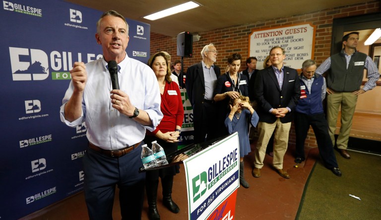 Republican gubernatorial candidate Ed Gillespie faces Democrat Lt. Gov. Ralph Northam in Tuesday's election. President Trump, tweeting about how Northam is soft on crime and bad on the economy, could either help or hurt Ed Gillespie's chances in the election. (AP Photo/Steve Helber)