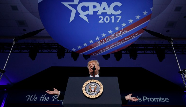President Trump vowed during his speech at the Conservative Political Action Conference last year, roughly a month after his inauguration, that he would return again and again to the conference he said he loved. (AP Photo/Evan Vucci)