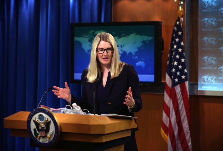 State Department spokesperson Marie Harf conducts a daily press briefing at the State Department April 8, 2015 in Washington. (Photo by Alex Wong/Getty Images)