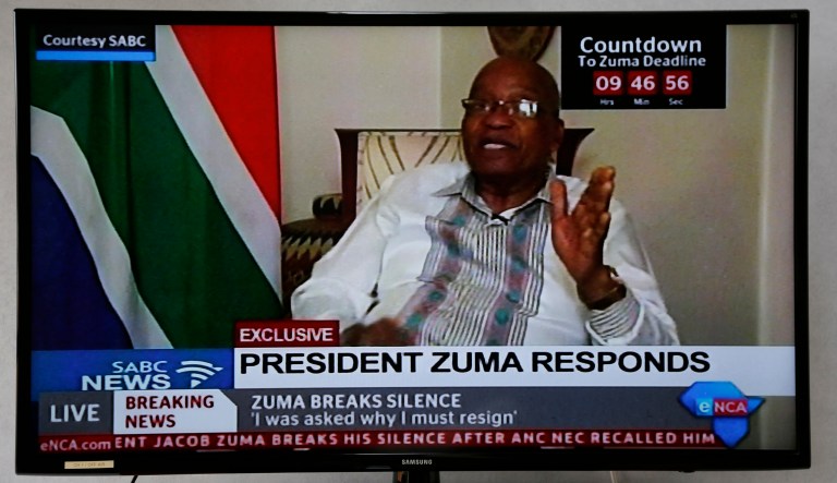 In this frame-grab from South African Broadcasting Corporation state-run television, President Jacob Zuma is interviewed on Wednesday. The speaker of South Africa's parliament wants to hold a motion of no confidence in Zuma on Thursday afternoon. saying the timing of the vote by open ballot must be agreed upon by the parliament's program committee later Wednesday. Both the ruling African National Congress party and opposition parties are pushing for a parliamentary vote against Zuma, who has not responded to an order from his own party to leave office. (AP Photo)