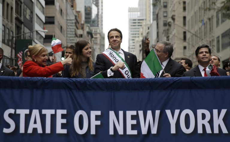 New York Governor Andrew Cuomo marches in the Columbus Day parade in New York, Monday, Oct. 13, 2014. (AP Photo/Seth Wenig)