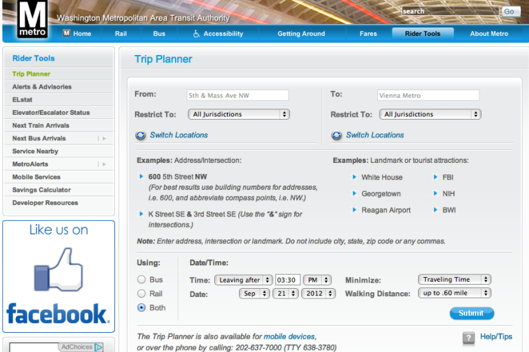 Metro's trip planner