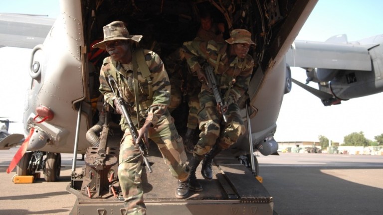 Senegalese soldiers practice exiting the ramp of a U.S. Air Force CV-22 in Bamako, Mali, on Nov. 12, 2008 just prior to an infiltration and extraction exercise in support of U.S. Africa Command's Flintlock military exercise.