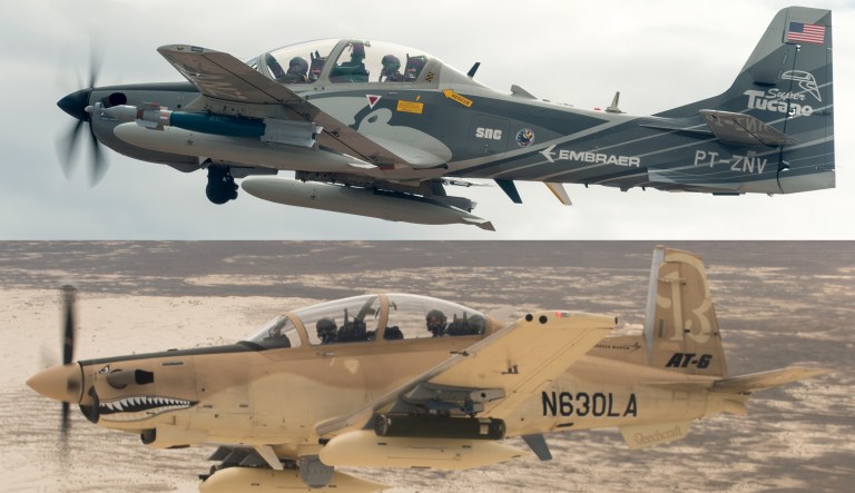 An Embraer EMB 314 Super Tucano A-29 experimental aircraft and a Beechcraft AT-6 experimental aircraft flies over White Sands Missile Range, N.M.