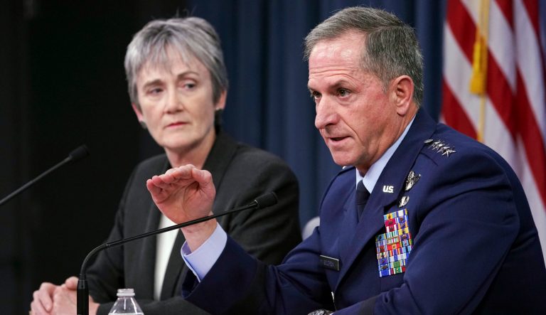 Gen. David L. Goldfein, right, Chief of Staff of the U.S. Air Force and Air Force Secretary Heather Wilson, left, speak during a news briefing at the Pentagon, Thursday, Nov. 9, 2017.