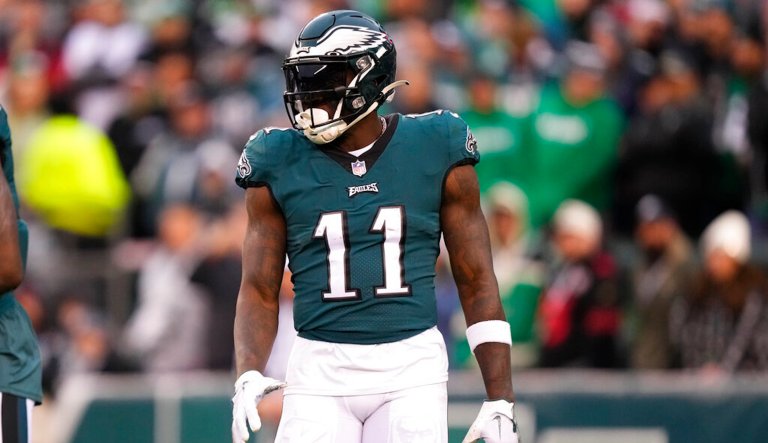 Philadelphia Eagles wide receiver A.J. Brown in action during the NFC Championship NFL football game on Sunday, Jan. 29, 2023, in Philadelphia. 