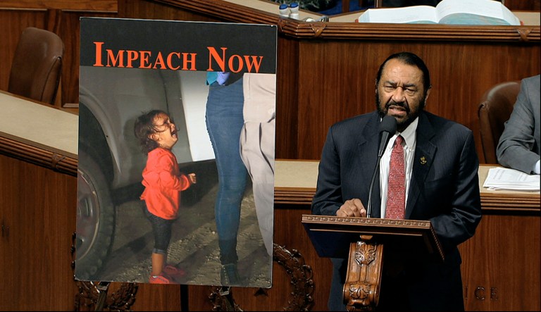 Rep. Al Green, D-Texas, arrives for a Democratic Caucus meeting on Capitol Hill in Washington.